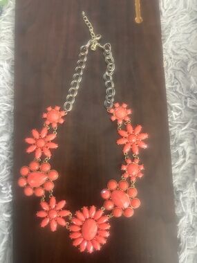 Coral Floral Statement Necklace with Gold-Tone Chain Accents